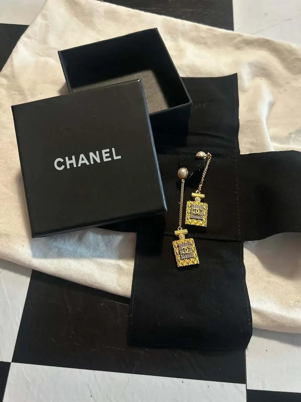 Chanel Gold Crystal Pearl CC Perfume Bottle Chain Drop Earrings